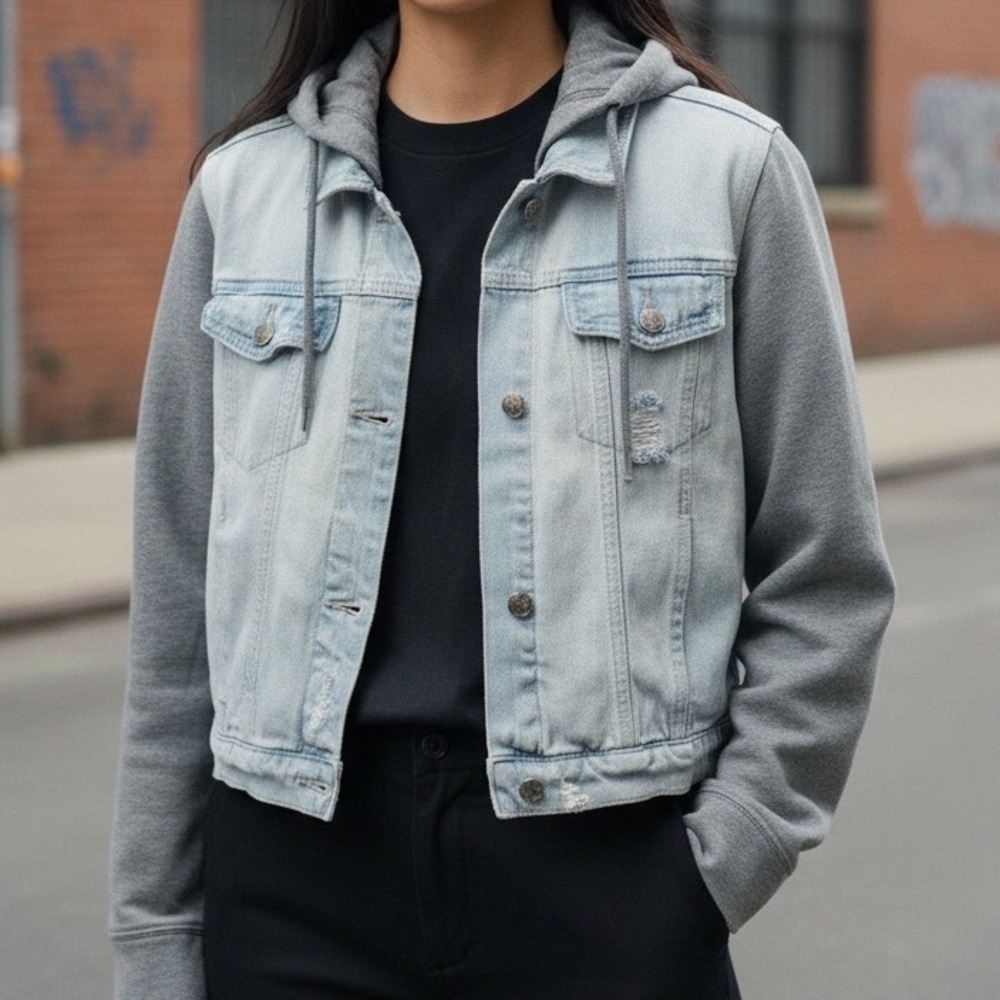 Hollister Denim Women Jacket Grey Jersey‎ Hood Sleeves Light Wash Distressed XL